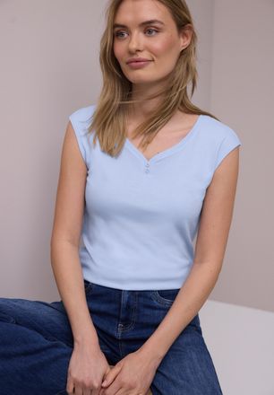 Street One Shirttop STREET ONE, Damen, Gr. 34, cashmere blau, Jersey, Obermaterial: 50% Baumwolle, 50% Modal, unifarben, l&auml;ssig geschnitten h&uuml;ftbedeckend, herzf&ouml;