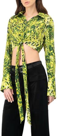 Ivonne Cropped Animal Print Shirt With Waist tie in Green at Nordstrom, Size 14