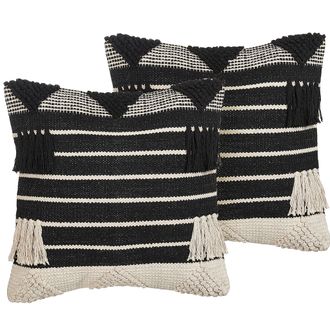 Beliani Beliani - Conjunto De 2 Cojines De Algod&oacute;n Beige Negro 50 X 50 Cm Hecho A Mano Chittoor
