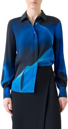 Akris Cyanotype Print Silk Crepe Button-Up Shirt in Navy-Royal at Nordstrom, Size 10