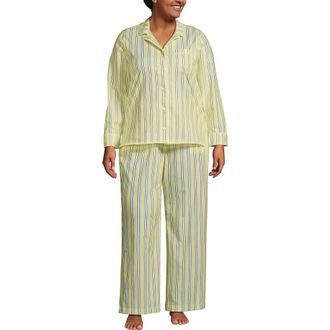 Lands End Plus Size Cotton Poplin 2 Piece Pajama Set - Long Sleeve Top and Pants in Yellow Bliss Multi Stripe at Nordstrom, Size 2X