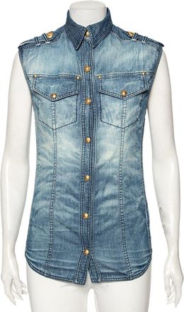 Balmain Blue Faded Effect Denim Pocket Detailed Button Front Sleeveless Shirt S