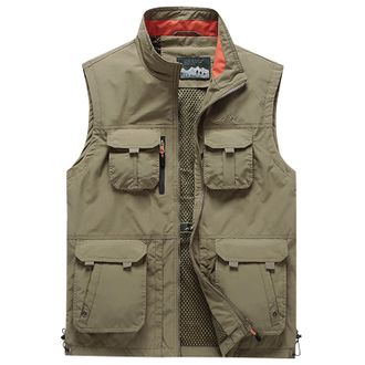 Generic Mens Gilet Safari Hiking Outdoor Waistcoat Jacket Casual Multi Pocket Cargo Vest Jackets Multifunctional Breathable Running Sports Vest Lightweight Ph