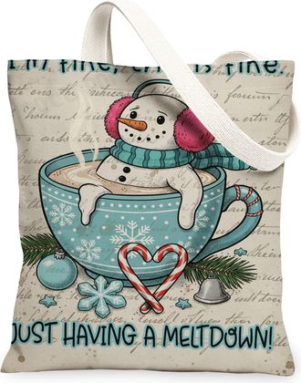 Generic Winter Snow Man Canvas Tote Bags, Cute Holiday Art Pattern Reusable Grocery Bags, Vintage Cozy Lightweight Washable Shoulde, Blue, 13x15 Inch