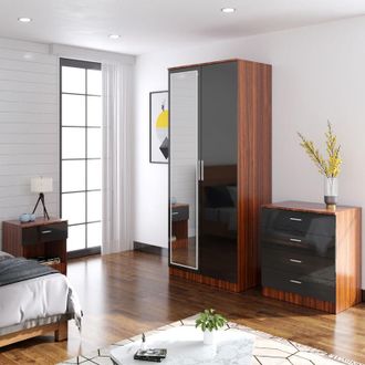 Elegant Lighting Modern High Gloss Wardrobe and Cabinet Furniture Set Bedroom 2 Doors Wardrobe with Mirror and 4 Drawer Chest and Bedside Cabinet, White/Oak - Elegant