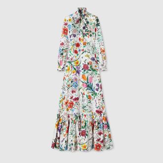 Gucci Printed Silk Twill Long Dress, White, Ready-to-wear