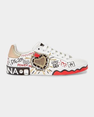 Dolce & Gabbana Embellished Printed Leather Low-Top Sneakers