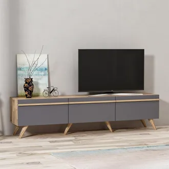 Dmora Mobile Porta Tv Cortaccia, 3 Ante, Apertura A Ribalta, 3 Vani, 180x35x42h Cm Nero Antracite