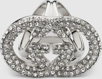Gucci Crystal Interlocking G Carré Ring, Silver, Metal