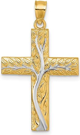 Diamond2Deal 14k Yellow Gold and Rhodium Polished Floral Tree with Leaves Hollow Back Cross Pendant