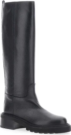 Via Roma 15 Womens Black Knee-High Slip-On Boots Grained Leather Cow