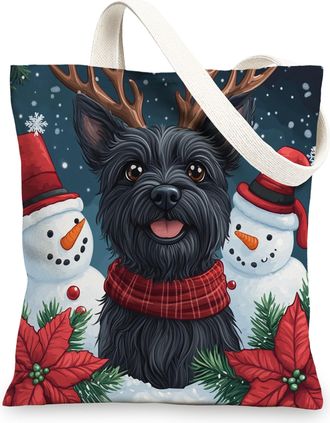Generic Winter Christmas Scottish Terrier Dog Canvas Tote Bag for Shopping 13x15, Snowman Xmas Puppy Pet Reusable Grocery Print Bag for Women, Holiday Beach A