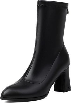 Generic Womens Mid-Calf Ankle Boots Faux Leather Elastic Cuff Pointed Toe Chunky Block Heels Side Zip Design Stylish Footwear For Evening Dinners Casual,Black