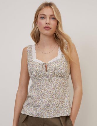 Nobody's Child White Floral Sweetheart Neck Top