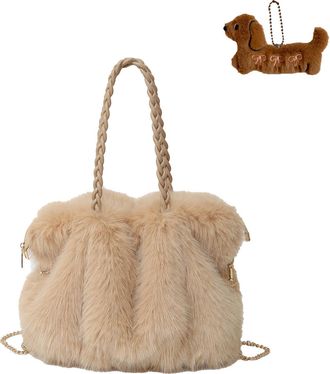 Generic Plush Tote Bag Women Plush Handbag Winter Crossbody Shoulder Bags Fluffy Faux Fur Handbag Casual Tote Messenger Bag for Women Shopping Travel (Khaki)