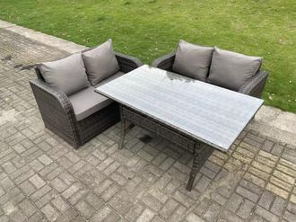 Fimous Dark Grey PE Rattan Garden Furniture Set Love Sofa 2 Seater Sofa Set Outdoor Rectangular Dining Table 4 Seater