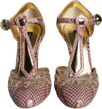 Dolce & Gabbana Pink Gold Leather Pumps T-strap Sandals Womens Shoes