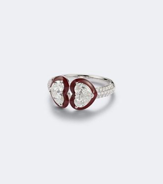 Kamyen Jewellery Twin Heart 18kt white gold and enamel ring with diamonds