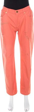 Roberto Cavalli Coral Pink Cotton Denim Logo Print Distressed Jeans