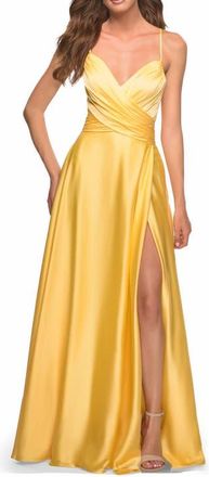La Femme Bright Satin Gown with Criss-Cross Ruched Top in Yellow at Nordstrom, Size 2