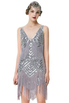 Babeyond Womens 1920s Flapper Dress V Neck Slip Dress Roaring 20s Great Gatsby Dress for Party - Grey - Medium