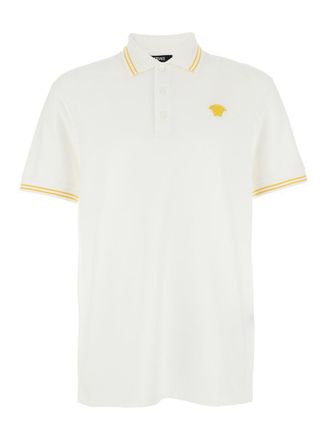Versace White Polo Shirt With Classic Collar And Medusa Embroidery On The Front In Cotton Man