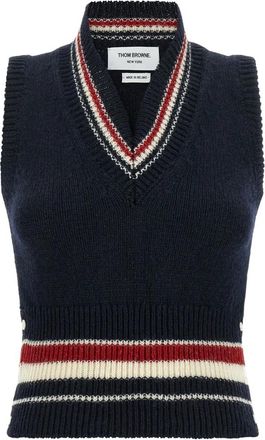 Thom Browne Donegal RWB Stripe Hector Pointelle Vest - Dames - V-hals truien - Blauw - M - Wol - Truien & Vesten