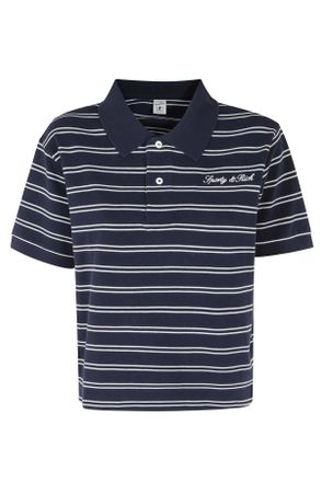 Sporty & Rich Navy Blue Signature Logo Striped Boxy Cotton Polo Shirt