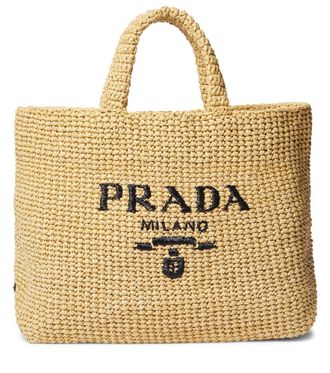 Prada Medium logo raffia tote
