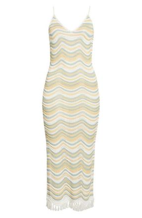 Elan Fringe Open Stitch Sleeveless Cover-Up Knit Midi Dress in White Multi at Nordstrom, Size X-Small