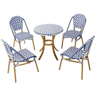 Beliani Conjunto De Comedor De Jard&iacute;n 4 Plazas Tablero De Rat&aacute;n Pe Blanco Y Azul Mesa &Oslash; 70 Y 4 Sillas Apilables De Aluminio Rifreddo