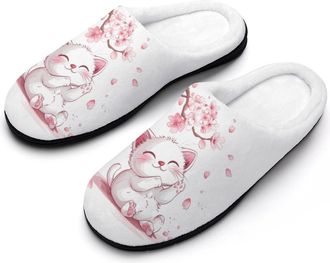 Generic Cute Cat With Cherryflowers Womens Slippers Warm House Slippers Indoor House Shoes with Anti-Skid Rubber Sole