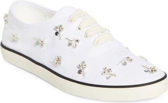 Miu Miu Crystal Embellished Low Top Canvas Sneaker in White at Nordstrom, Size 10.5Us