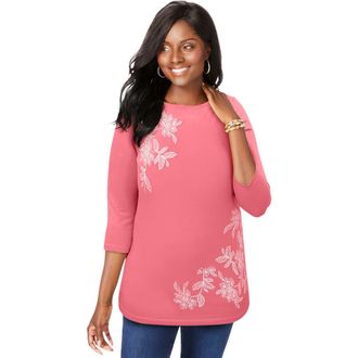 Jessica London Stretch Cotton Boatneck Tunic in Tea Rose Flower at Nordstrom, Size 28