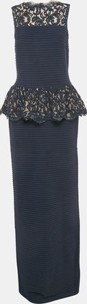 Tadashi Shoji Navy Blue Jersey Sleeveless Lace Trimmed Gown