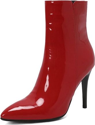 Generic Womens Fashion Metallic Pointed Toe Stiletto High Heels Ankle Boots Side Zipper Winter Party Dress Walking Shoes (7.5,Red)
