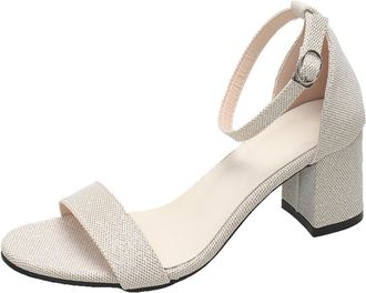 Generic European Style Women High Heeled Sandals Open Toe Square Design Hollow Out Flat Buckle Chunky Heel Dressy Casual Footwear (Beige, 5.5)