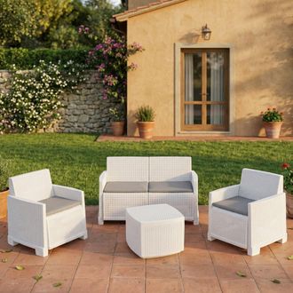 Dmora Peschici Conjunto De Sal&oacute;n De Exterior, Conjunto De Jard&iacute;n Con 2 Sillones, 1 Sof&aacute; Y 1 Mesa Contenedor, Efecto Rat&aacute;n Con Cojines, 100% Made In Italy, B