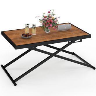 IDMarket Tavolo Da Giardino Olie Da 100 Cm Con Altezza Regolabile In 3 Posizioni, In Metallo Nero E Piano In Vetro Effetto Legno
