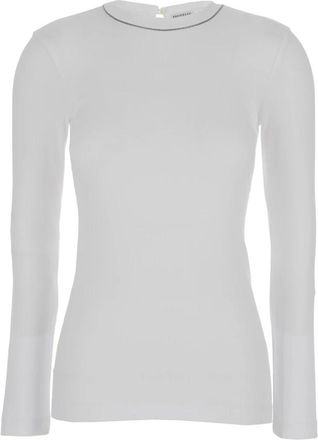 Brunello Cucinelli Witte longsleeve top met Monile-detail - Dames - Longsleeves - Wit - XS - Katoen - Tops