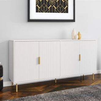 IDMarket Aparador Marcel 160 Cm, 4 Puertas Blancas Con Efecto Listones Y Acabado Dorado