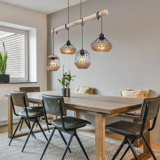 ETC Shop Lampada a sospensione trave in legno lampada a sospensione corda di canapa design retrò gabbia di legno lampada da sala da pranzo a sospensione 4