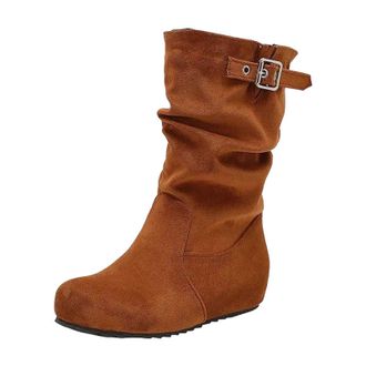 Generic Womens Leisure Mid Calf Boots Round Toe Hidden Wedge Heel Slip On Design With Pleated Detail And Buckle Accent