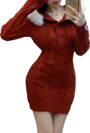 Generic Womens Plush Hooded Knitted Dress V Neck Button Wrapped Sweater Frock Long Sleeve Hoodies Ribbed Knit Frocks (Red,M)