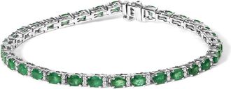 House of Brilliance 14K White Gold Alternating Oval Green Emerald and Diamond Tennis Bracelet