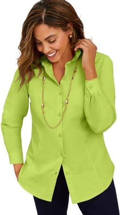 Jessica London Stretch Cotton Poplin Button Down Shirt in Dark Lime at Nordstrom, Size 34