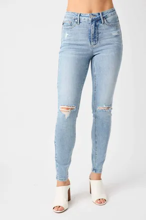 Judy Blue Mid-Rise Tummy Control Distressed Skinny Jeans In Blue