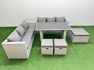 Fimous 9-seater Patio Rectangular Table Sofa Set with Side Table 3 Stools in Light Grey