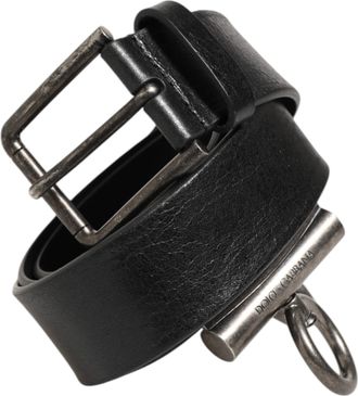 Dolce & Gabbana Black Leather Side Rings Brass Buckle Mens Belt
