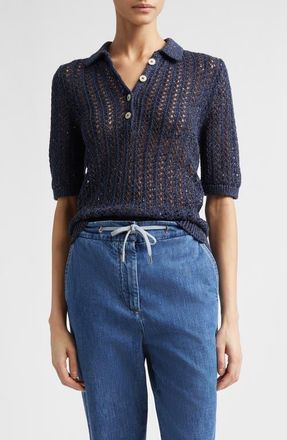 Eleventy Open Stitch Cotton & Linen Blend Polo in 11N New Blue at Nordstrom, Size Xx-Small